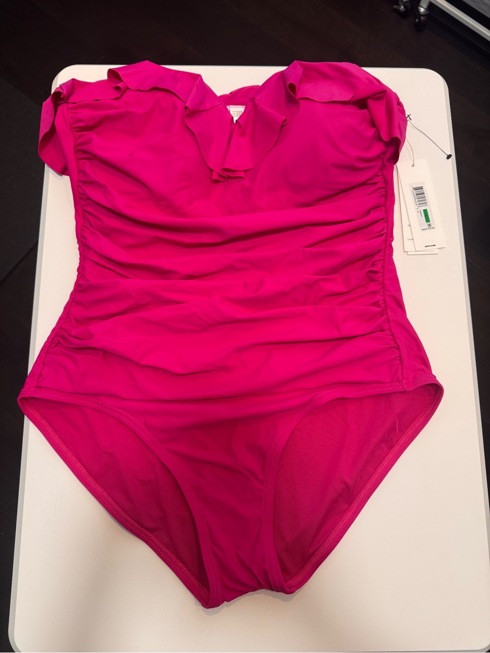 DKNY Hot Pink One-Piece Swimsuit with Ruffle Neckline